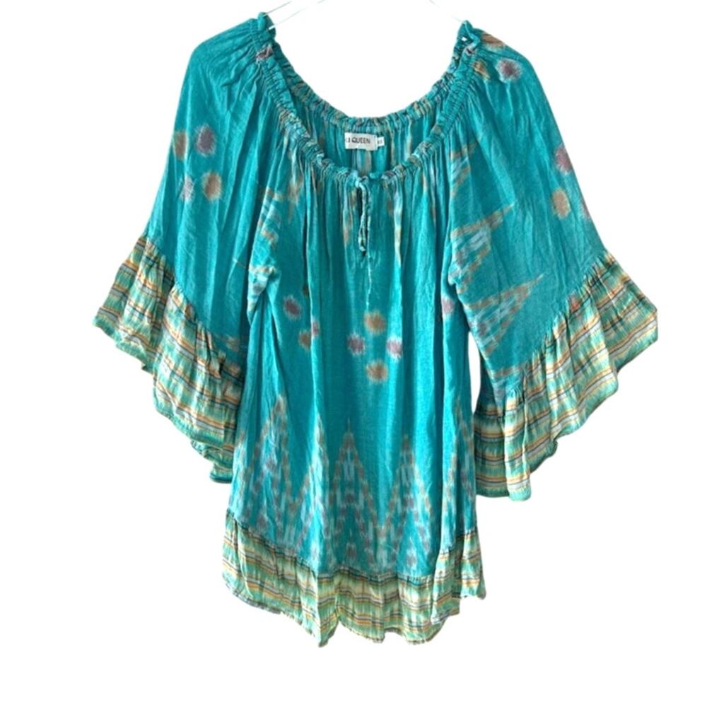 Bali Queen Off-Shoulder Peasant Blouse OS Turquoise Bell Sleeve Boho Top